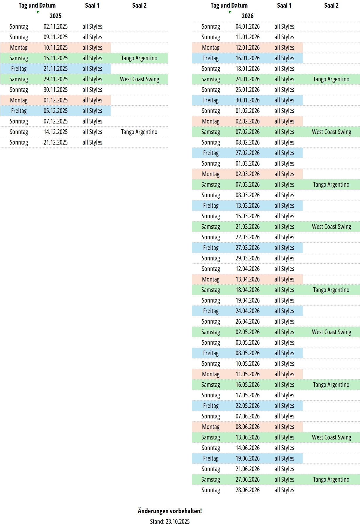 Tanzabende - Stand 23.10.2025
