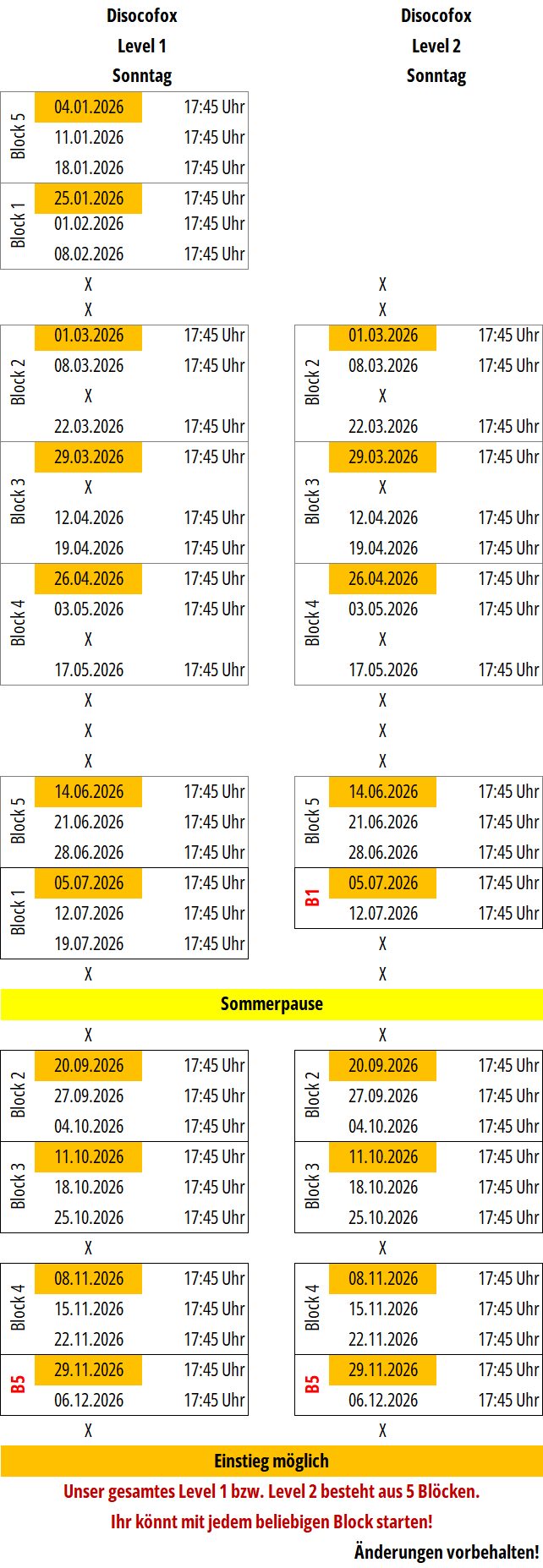 Discofox Level 1 und 2 - Stand 11.05.2026