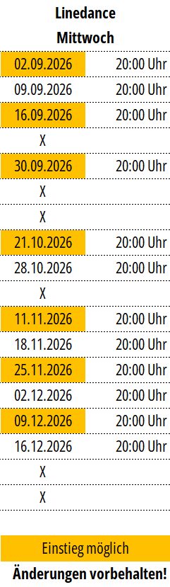 Linedance Einstiegstermine - Stand 11.05.2026