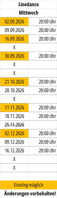 Linedance Einstiegstermine - Stand 31.08.2026