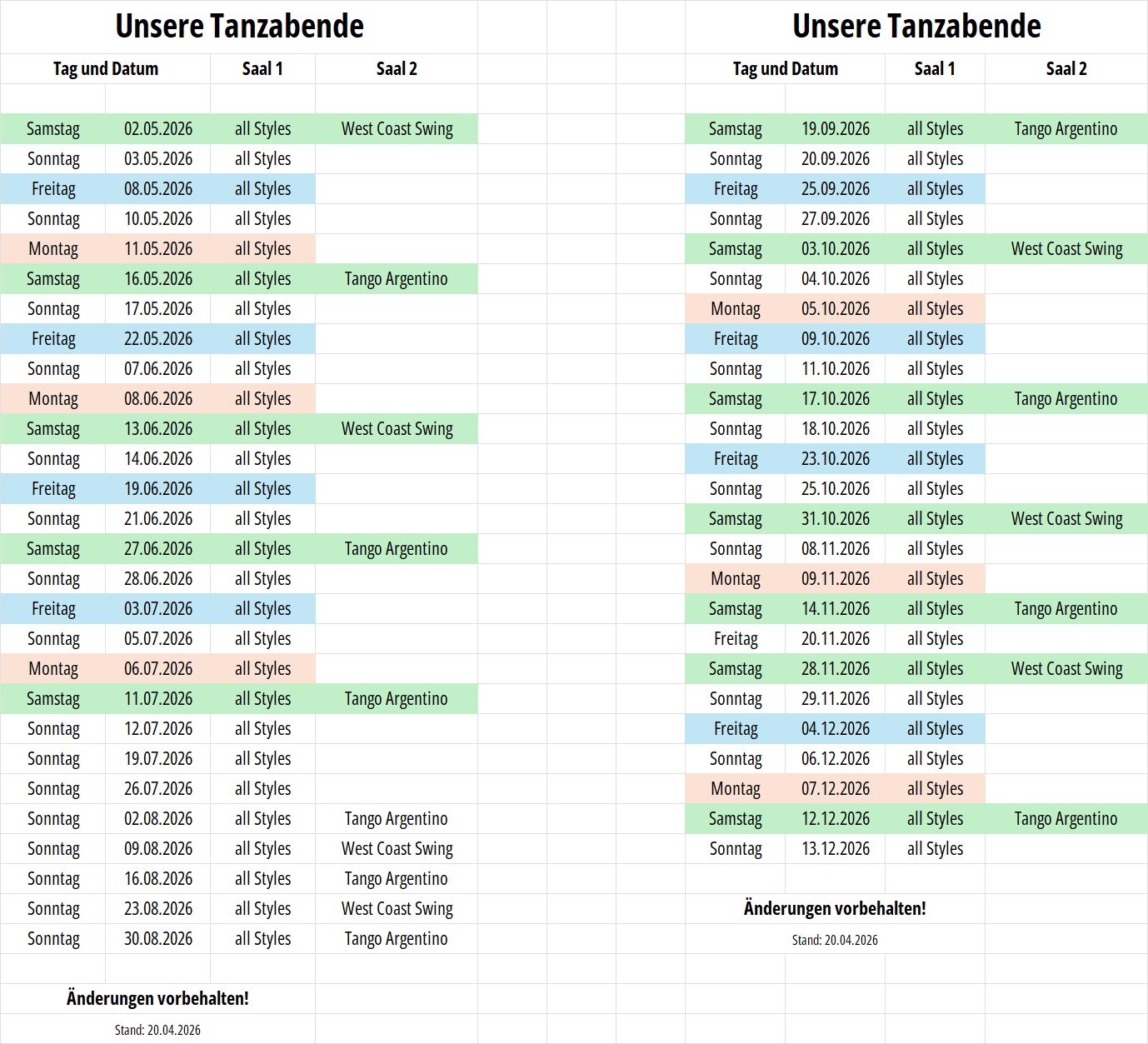 Tanzabende 2026 - Stand 20.04.2026 (Querformat)